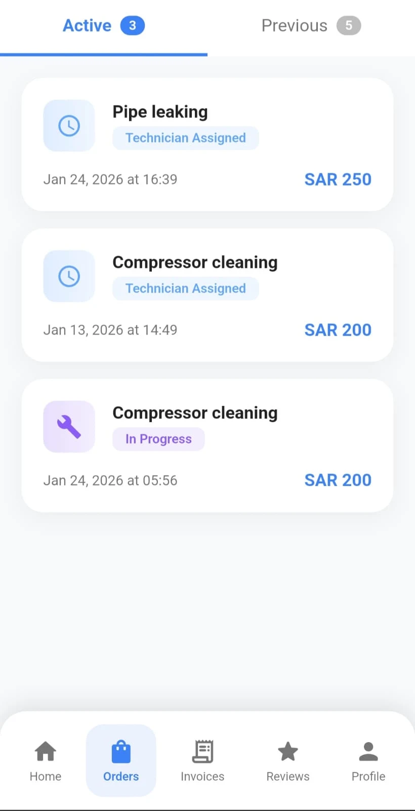 Orders screen tracking technician status