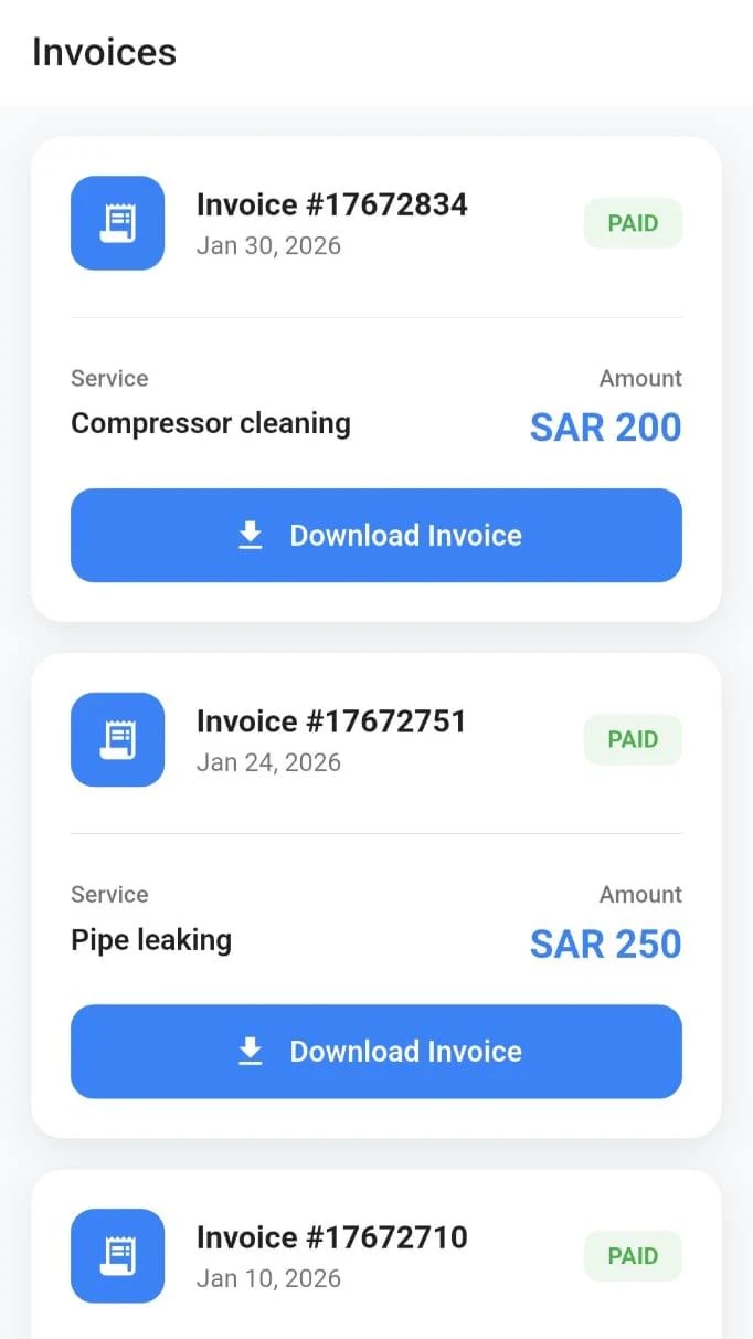 Invoices screen with downloadable paid invoices