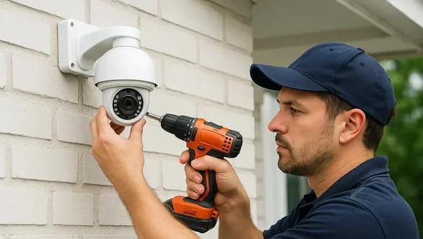 Technician installing a CCTV camera